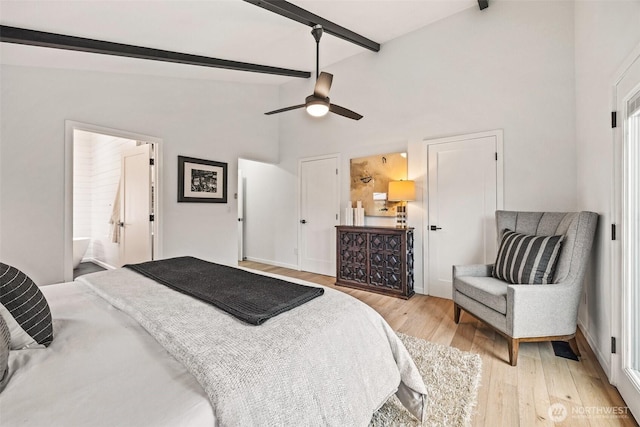 4950 N Lexington St, Tacoma, WA 98407 - bedroom featuring beamed ceiling, light wood-type flooring, high vaulted ceiling, ceiling fan, and baseboards