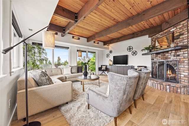 4950 N Lexington St, Tacoma, WA 98407 - living area with wooden ceiling with exposed beams, a fireplace, and wood finished floors