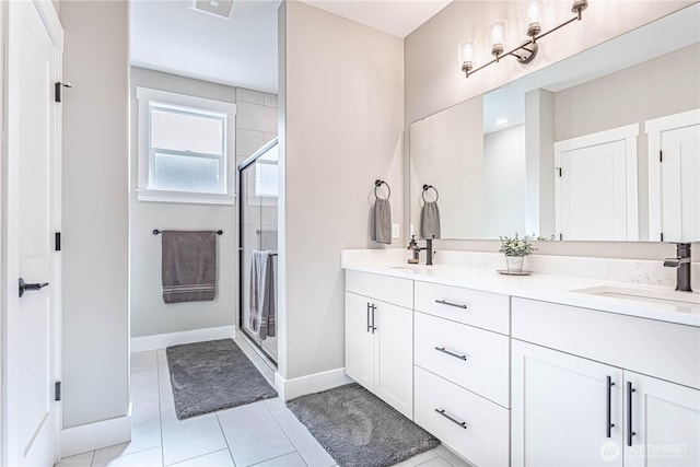 819 N Newport Loop, East Wenatchee, WA 98802 - bathroom with a stall shower, baseboards, double vanity, and tile patterned floors