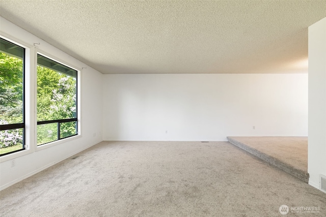 carpeted spare room featuring a textured ceiling and baseboards
