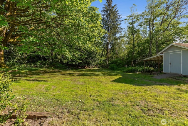view of grassy yard with a storage unit and an outdoor structure