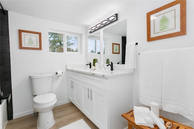 bathroom with toilet, wood finished floors, and double vanity
