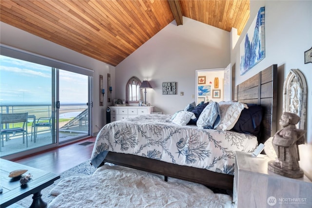 bedroom featuring access to outside, wood finished floors, wood ceiling, beamed ceiling, and high vaulted ceiling