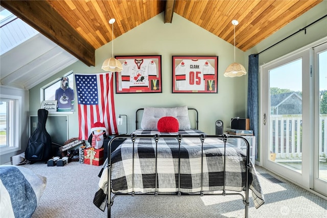 carpeted bedroom featuring access to outside, multiple windows, and wooden ceiling