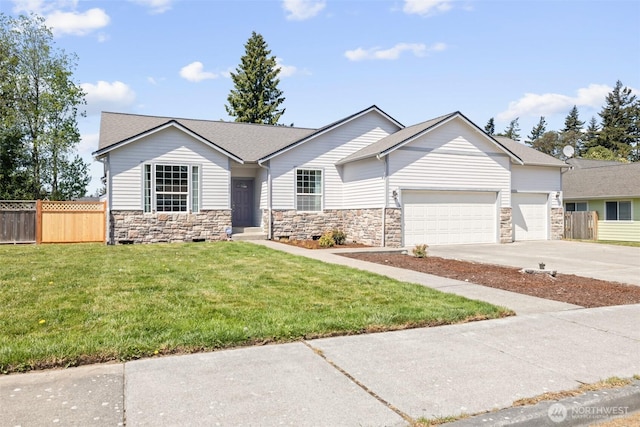single story home with an attached garage, stone siding, and driveway