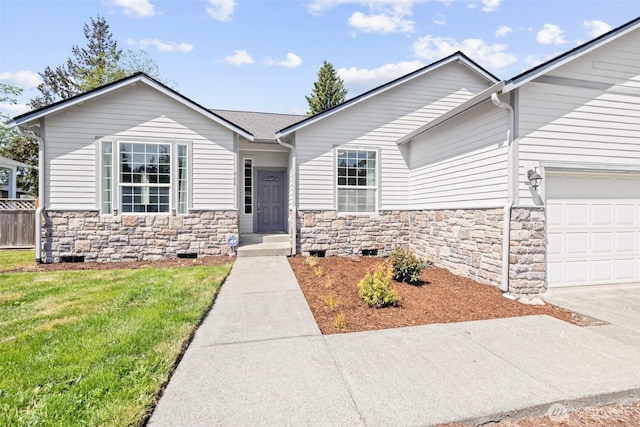 ranch-style home featuring stone siding, an attached garage, and crawl space