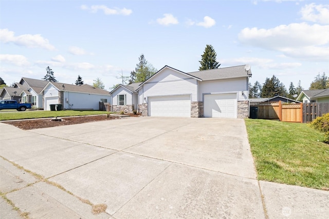 ranch-style home featuring a garage, driveway, a residential view, stone siding, and cooling unit