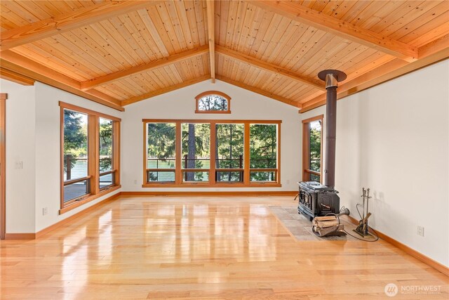 244 Davison Head Dr, Friday Harbor, WA 98250 - unfurnished living room with a wood stove, wood ceiling, wood finished floors, and baseboards