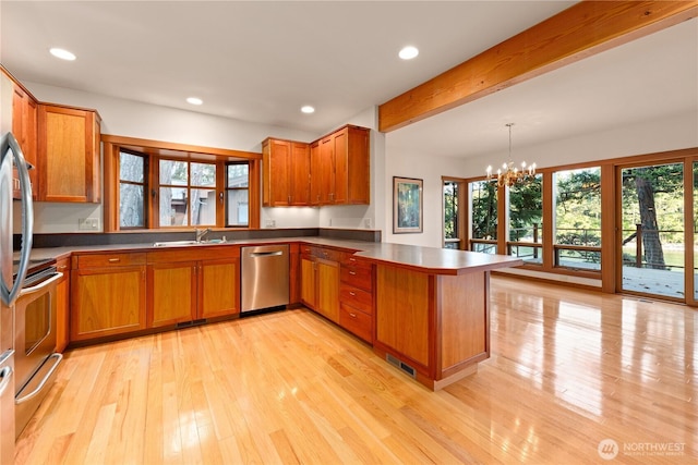 244 Davison Head Dr, Friday Harbor, WA 98250 - kitchen featuring stainless steel appliances, a sink, brown cabinets, a peninsula, and light wood finished floors