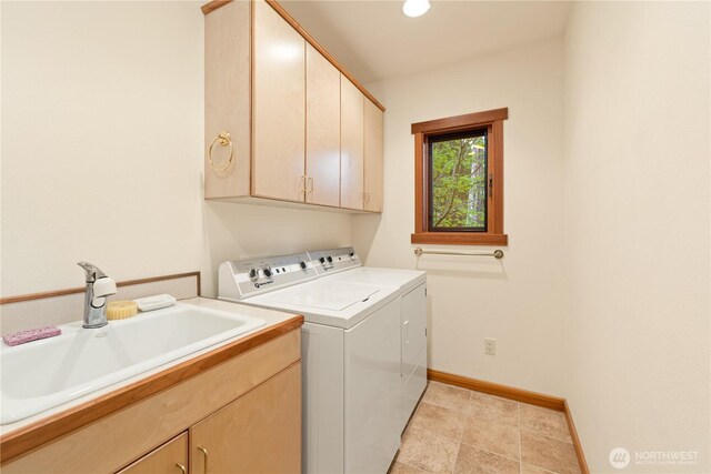 244 Davison Head Dr, Friday Harbor, WA 98250 - clothes washing area featuring washer and dryer, cabinet space, and baseboards