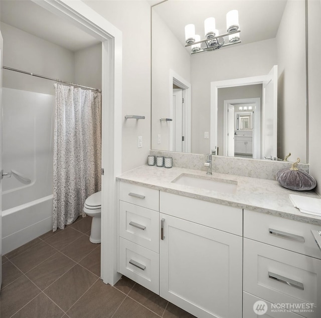 4012 129th Pl SE Unit 2, Bellevue, WA 98006 - bathroom with tile patterned floors, toilet, vanity, and shower / bath combo with shower curtain