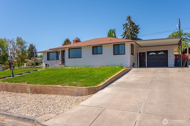 303 Patrick Rd, Ephrata, WA 98823 - ranch-style home with a garage, a front lawn, concrete driveway, and a chimney