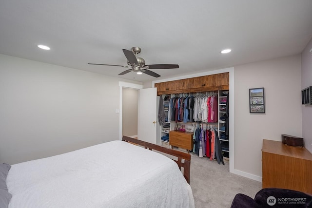 303 Patrick Rd, Ephrata, WA 98823 - bedroom with light colored carpet, recessed lighting, a closet, a ceiling fan, and baseboards