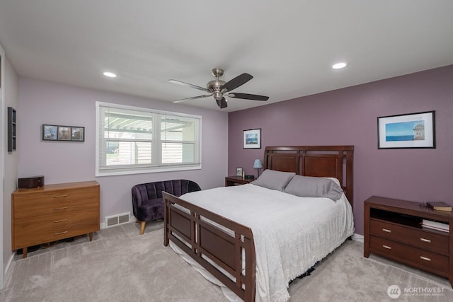 303 Patrick Rd, Ephrata, WA 98823 - bedroom with light colored carpet, recessed lighting, ceiling fan, and baseboards