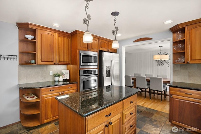 12555 SE 72nd St, Newcastle, WA 98056 - kitchen featuring open shelves, stainless steel appliances, brown cabinets, tasteful backsplash, and decorative light fixtures