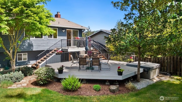12555 SE 72nd St, Newcastle, WA 98056 - back of house featuring stairs, a chimney, a wooden deck, and fence