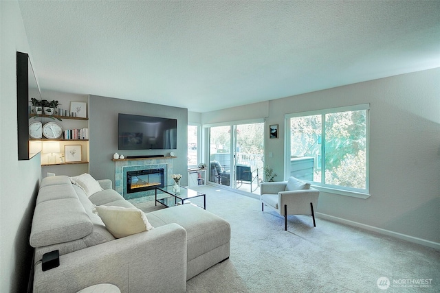 4214 W Lake Sammamish Pkwy NE Unit 202, Redmond, WA 98052 - carpeted living area featuring a fireplace, baseboards, and a textured ceiling