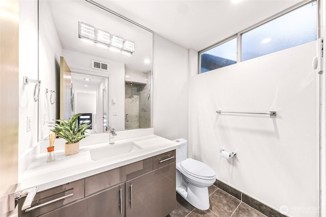 full bathroom featuring a shower stall, toilet, tile patterned flooring, vanity, and recessed lighting