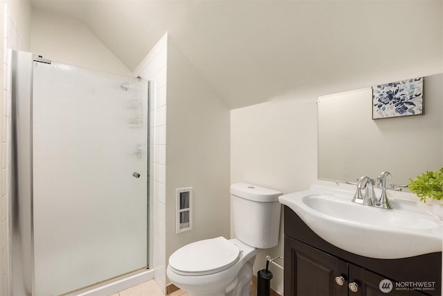 2223 NE 125th St, Seattle, WA 98125 - full bathroom with lofted ceiling, a stall shower, toilet, and vanity