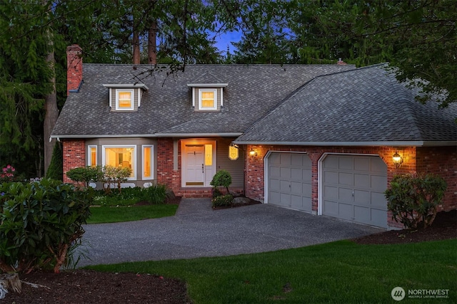 21629 NE 20th Way, Sammamish, WA 98074 - view of front of house featuring a garage, a chimney, driveway, a shingled roof, and brick siding