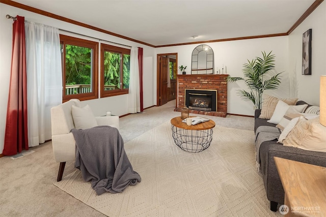 21629 NE 20th Way, Sammamish, WA 98074 - living room with light carpet, crown molding, a brick fireplace, and baseboards