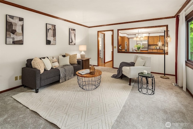 21629 NE 20th Way, Sammamish, WA 98074 - living room featuring baseboards, light colored carpet, a chandelier, and crown molding