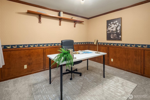 21629 NE 20th Way, Sammamish, WA 98074 - office featuring a wainscoted wall, ornamental molding, carpet floors, and wood walls