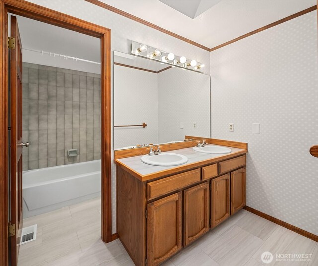 21629 NE 20th Way, Sammamish, WA 98074 - full bath featuring double vanity, tile patterned floors, a bath, and ornamental molding