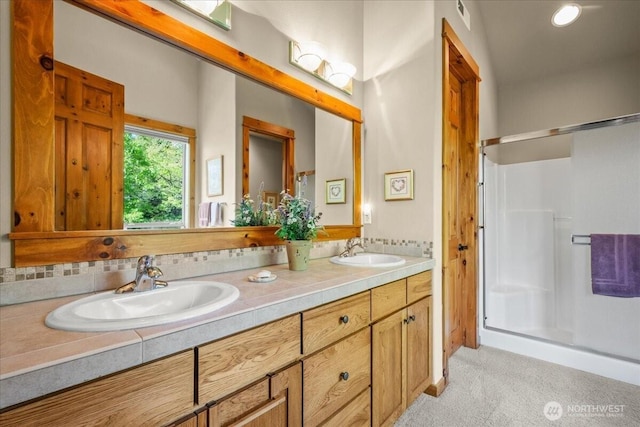 12800 NE Salmon Creek Ave Unit 118, Vancouver, WA 98686 - full bathroom featuring a shower stall, double vanity, and recessed lighting