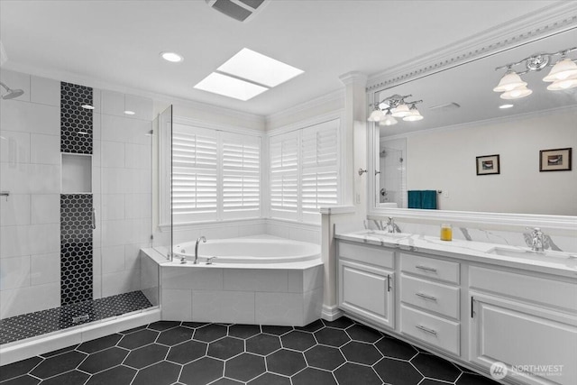 27546 254th Way SE, Maple Valley, WA 98038 - bathroom with ornamental molding, tiled shower, tile patterned floors, a bath, and double vanity