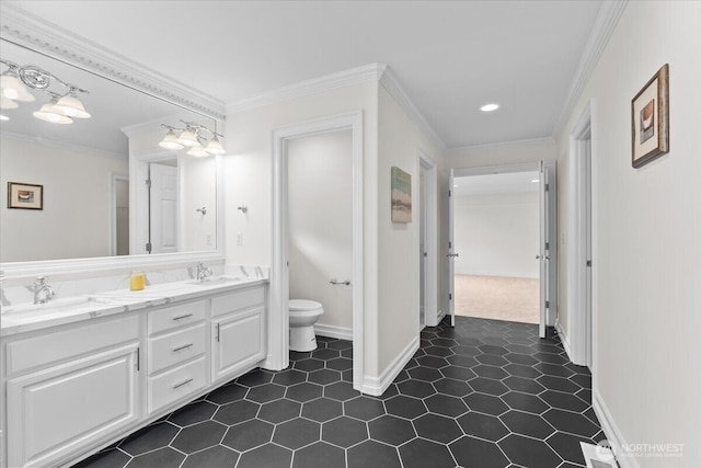 27546 254th Way SE, Maple Valley, WA 98038 - full bath featuring toilet, ornamental molding, double vanity, baseboards, and recessed lighting