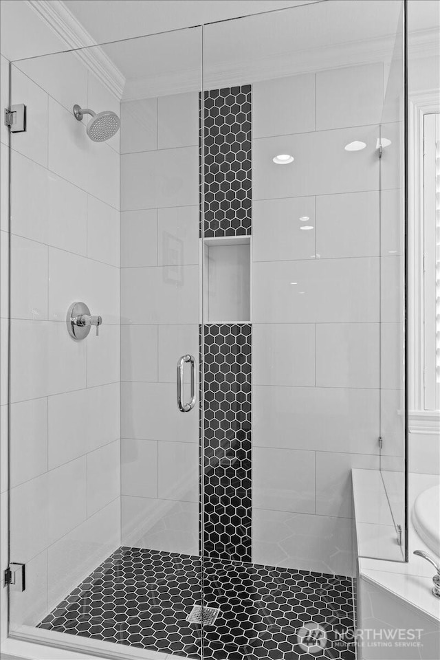 27546 254th Way SE, Maple Valley, WA 98038 - full bathroom with ornamental molding and a shower stall