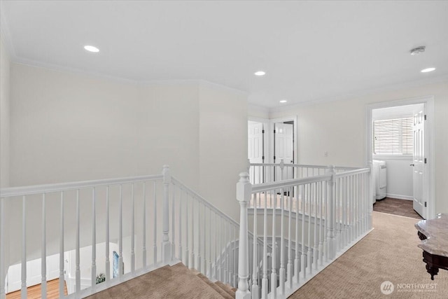27546 254th Way SE, Maple Valley, WA 98038 - hallway featuring an upstairs landing, washer / dryer, recessed lighting, crown molding, and carpet floors