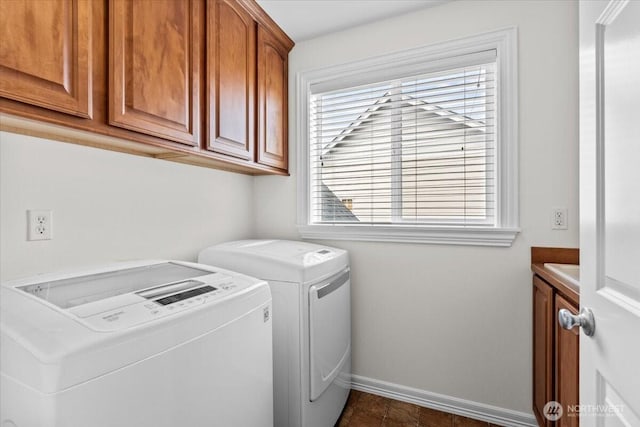 27546 254th Way SE, Maple Valley, WA 98038 - washroom with washing machine and dryer, cabinet space, and baseboards