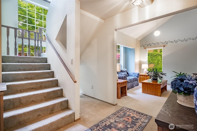 1117 W Racine St, Bellingham, WA 98229 - staircase with carpet and lofted ceiling