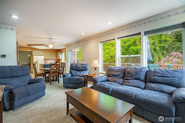 1117 W Racine St, Bellingham, WA 98229 - living room with light carpet, recessed lighting, and ceiling fan