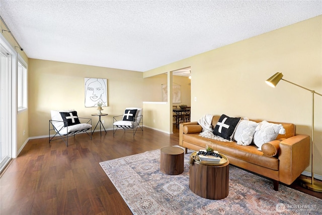 living room featuring wood finished floors, a textured ceiling, and baseboards
