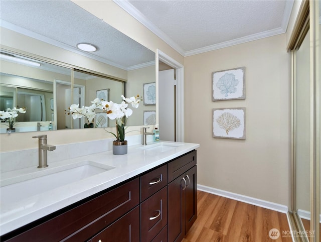 bathroom with wood finished floors, a textured ceiling, double vanity, baseboards, and ornamental molding