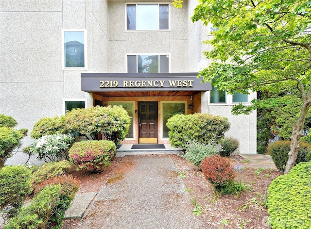 doorway to property with stucco siding