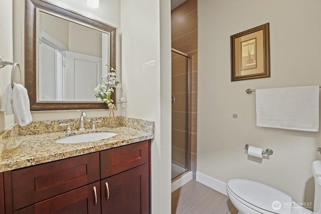 733 222nd Pl NE, Sammamish, WA 98074 - bathroom with toilet, a stall shower, vanity, and baseboards
