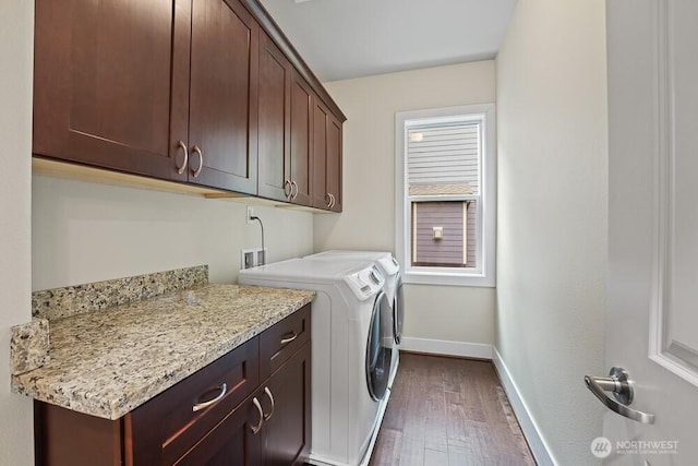 733 222nd Pl NE, Sammamish, WA 98074 - washroom with cabinet space, independent washer and dryer, baseboards, and dark wood-style flooring