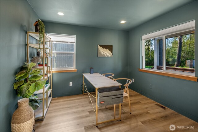 office space featuring wood finished floors, baseboards, and recessed lighting