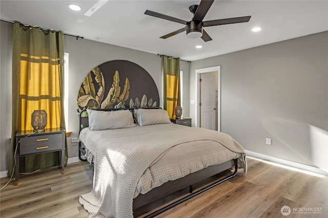 bedroom with recessed lighting, baseboards, light wood-style floors, and ceiling fan