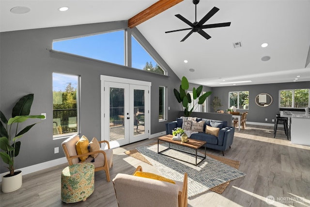 9371 Willamette Meridian Rd NW, Silverdale, WA 98383 - living area featuring french doors, beamed ceiling, baseboards, wood finished floors, and recessed lighting