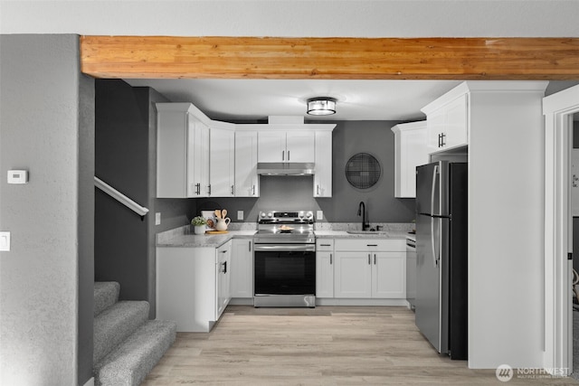 9371 Willamette Meridian Rd NW, Silverdale, WA 98383 - kitchen with appliances with stainless steel finishes, under cabinet range hood, white cabinetry, a sink, and light wood-style flooring