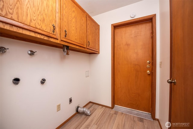 377 Stellar Ridge Ln, Sequim, WA 98382 - laundry area featuring hookup for an electric dryer, cabinet space, light wood-type flooring, and baseboards