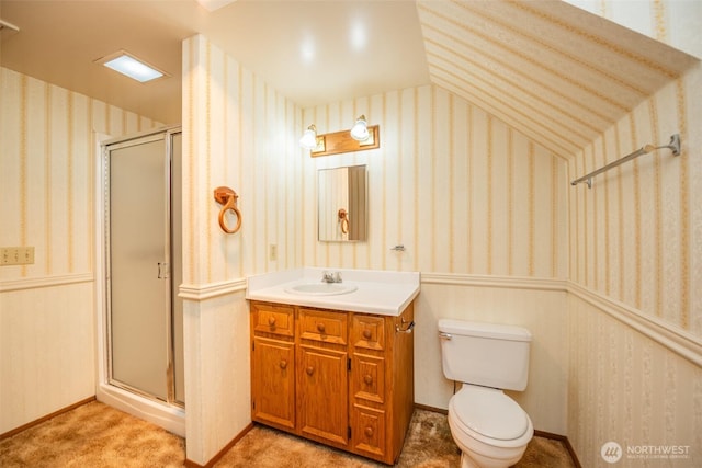377 Stellar Ridge Ln, Sequim, WA 98382 - full bathroom featuring a shower stall, vanity, toilet, and wallpapered walls