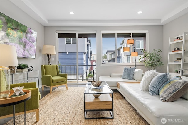 living room featuring wood finished floors and recessed lighting