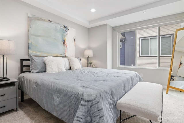 bedroom with carpet, recessed lighting, and baseboards