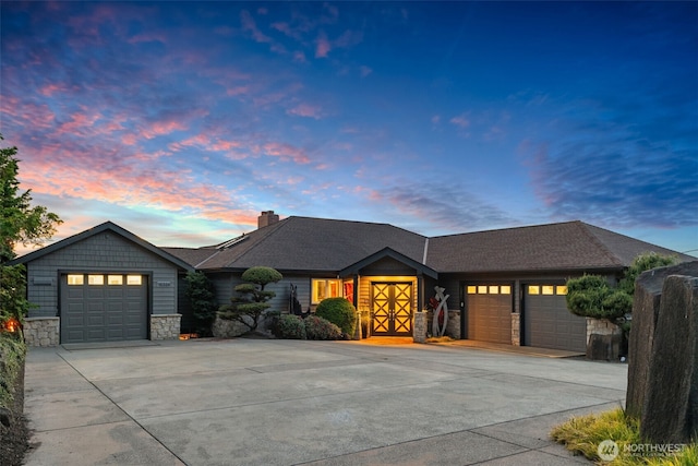 10326 66th Pl W, Mukilteo, WA 98275 - ranch-style house featuring stone siding, driveway, a garage, and a chimney